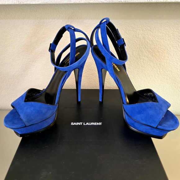 Saint Laurent Blue Suede Platform Stiletto Ankle Strap Buckle Heels EU 38 - Picture 3 of 13
